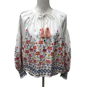 Chufy Memories Of Peru Cotton Tie Neck Floral Top Blouse Womens Small Cottage